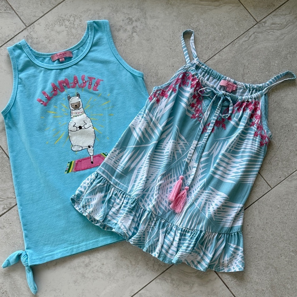 Haven Girl 2pc set  Llama Graphic Tank & Tropical embroidered top sz 7